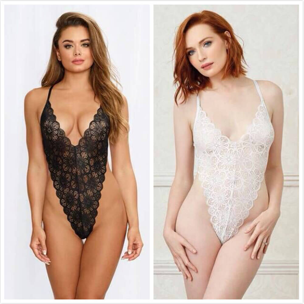 See Through Long Lingerie Dress Backless Bodysuit with Sheer Skirt Deep V-neck Lace Maxi Dress