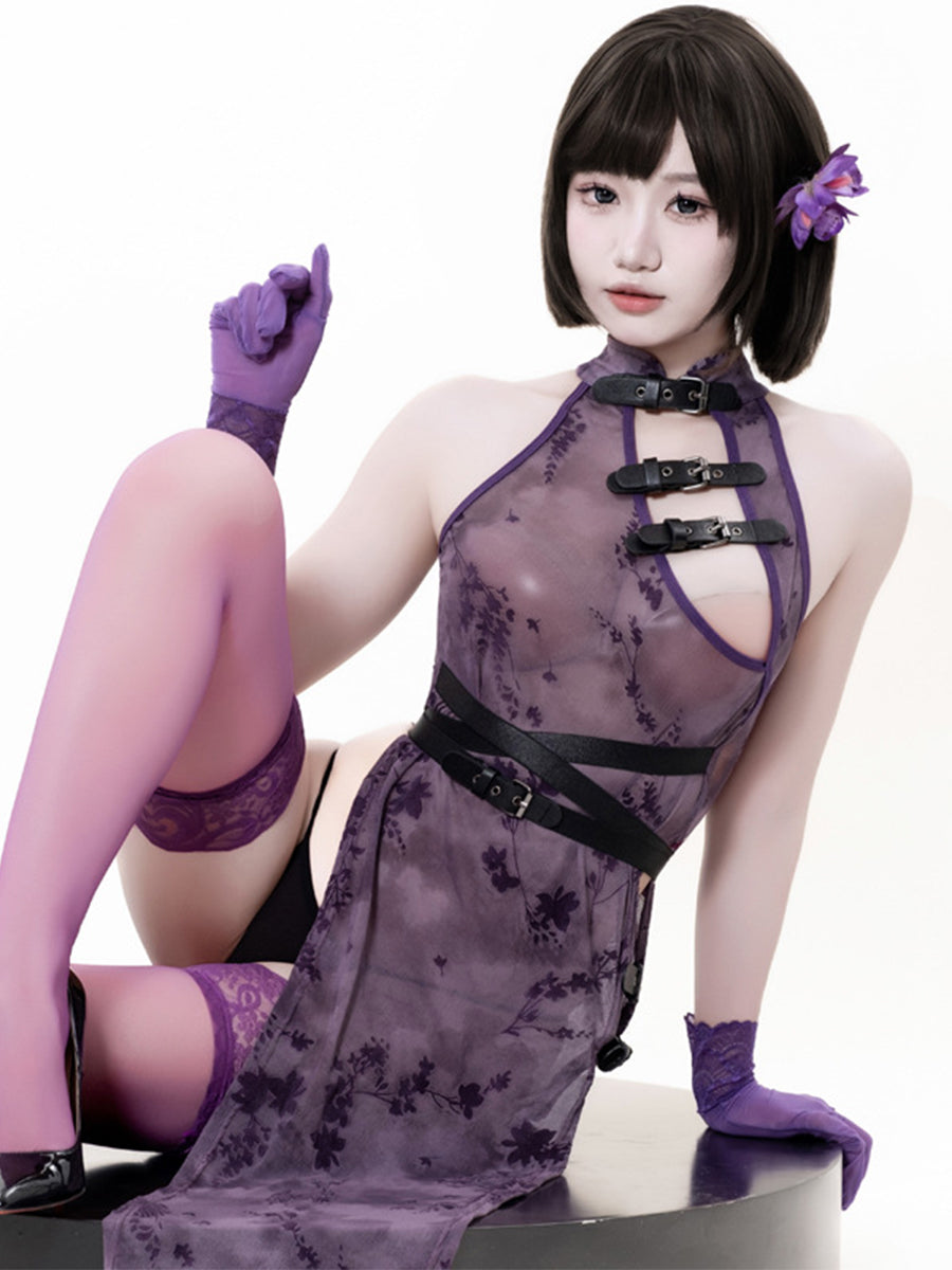 Sheer Mesh High Slit Cheongsam Set