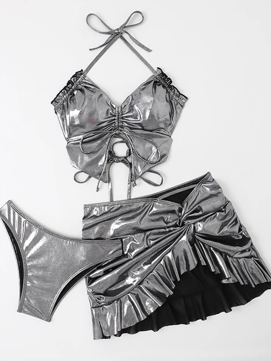 3 Piece Silver Metallic Skirt Set
