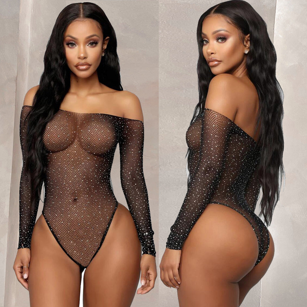 Lingerie Fishnet Bodysuit for Women Sparkle Rhinestone Mesh Teddy Lingerie