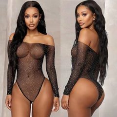 Lingerie Fishnet Bodysuit for Women Sparkle Rhinestone Mesh Teddy Lingerie
