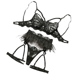 Strappy Lace Bra Set 3 Piece Floral Embroidery Bra Feather Trim Garter Belt and Panty