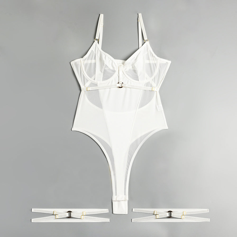 Strappy & Mesh Leotard Solid Backless Bodysuit with Leg Garters