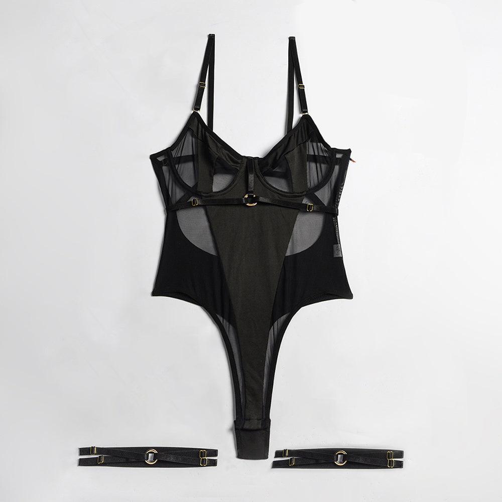 Strappy & Mesh Leotard Solid Backless Bodysuit with Leg Garters