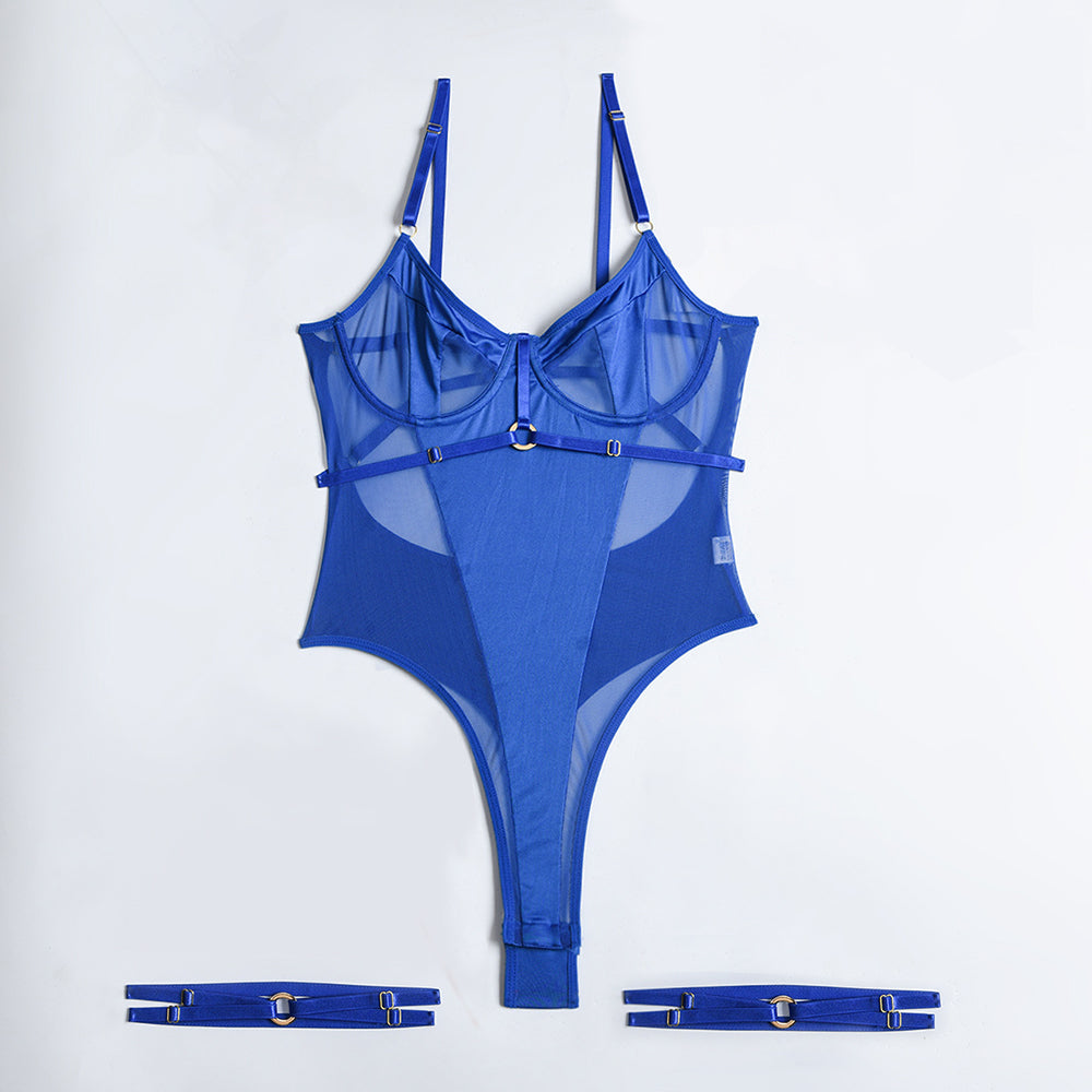 Strappy & Mesh Leotard Solid Backless Bodysuit with Leg Garters