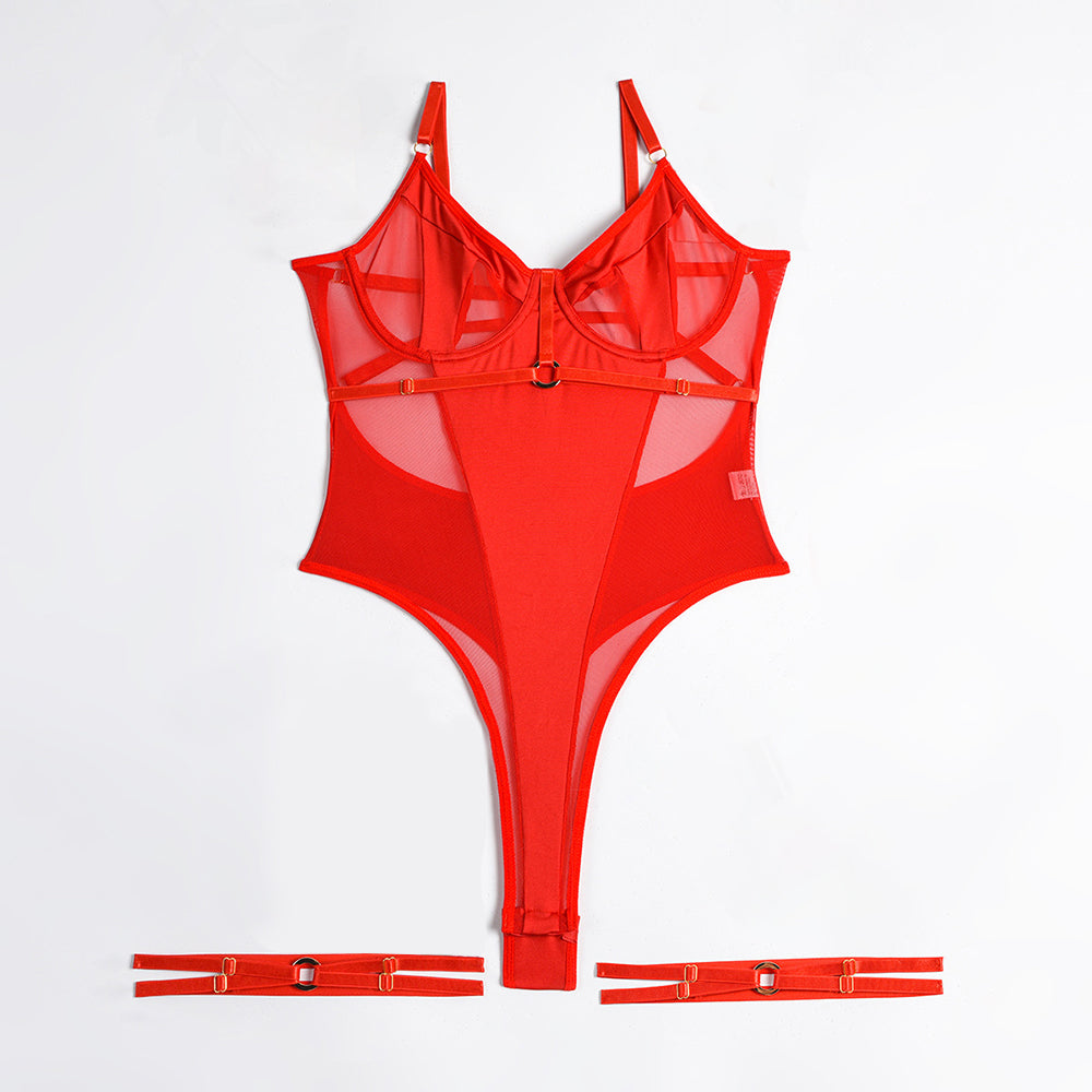 Strappy & Mesh Leotard Solid Backless Bodysuit with Leg Garters