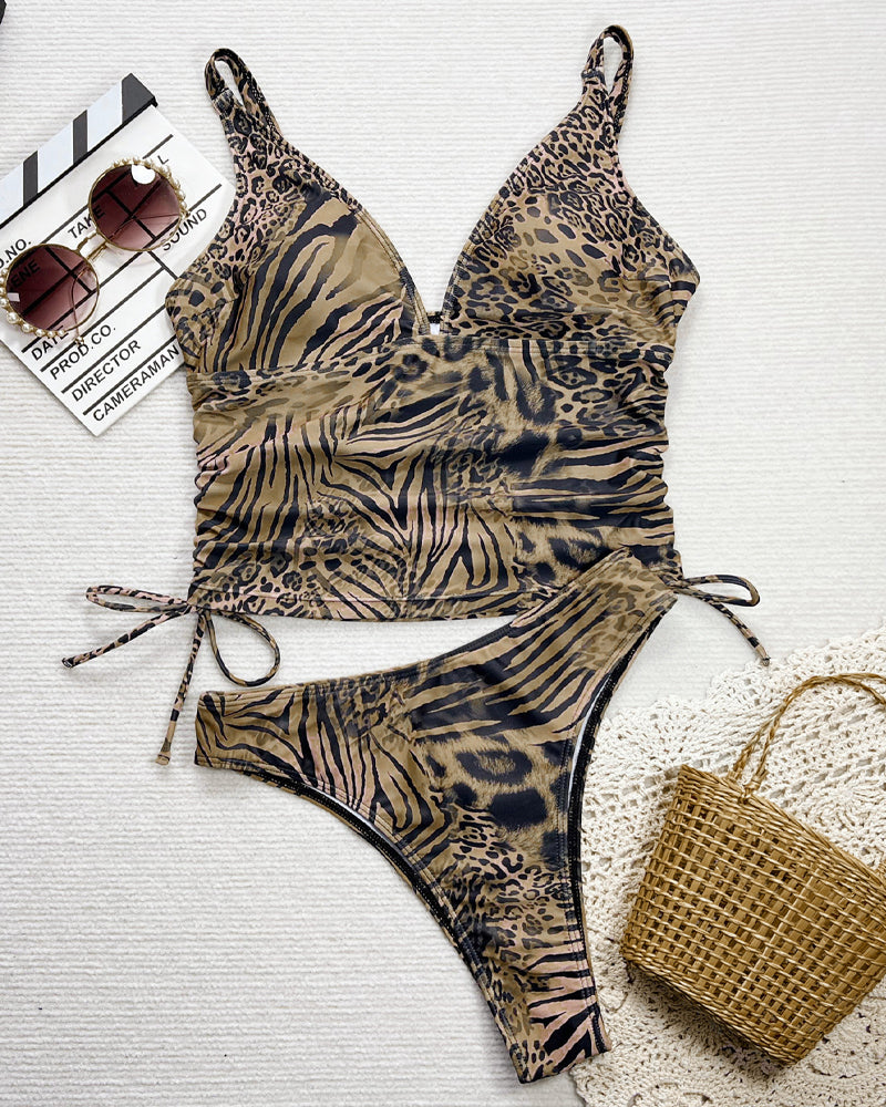 Women's Retro Deep V Leopard Print Bikini Swimsuit Set