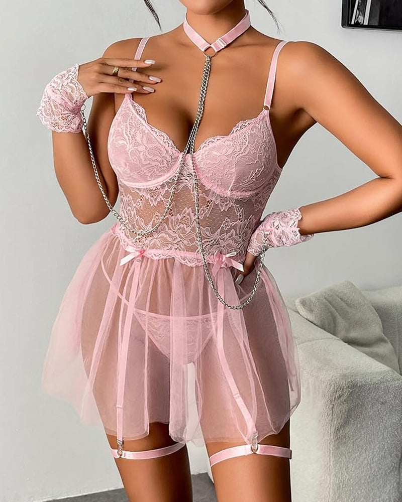 Lace Sheer Mesh Chemise and Thong Lingerie Set