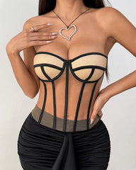 Underwired Backless Drawstring Waist Tight-fitting Sheer Bandeau Top