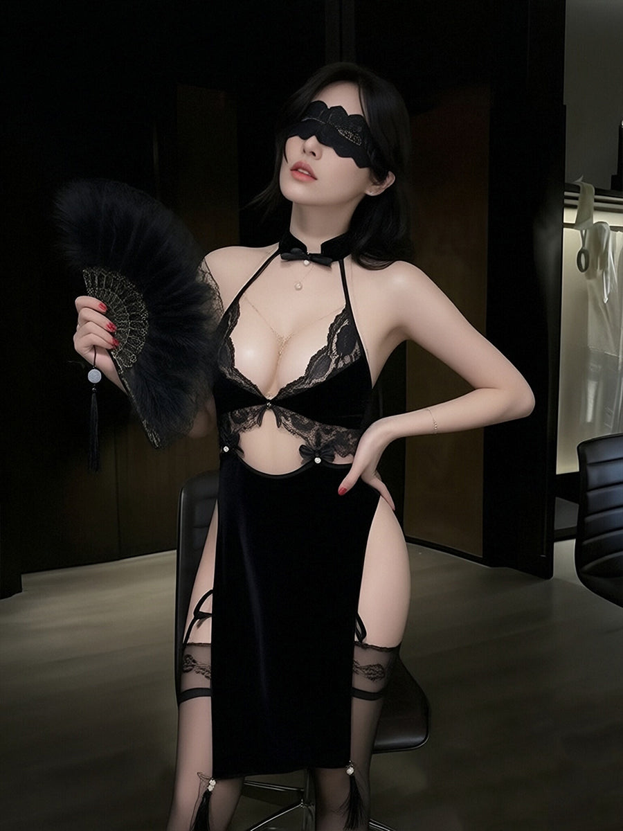 Velvet & Lace Qipao-Style Lingerie Dress