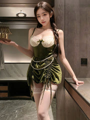 Holiday Ruched Drawstring Velvet Dress