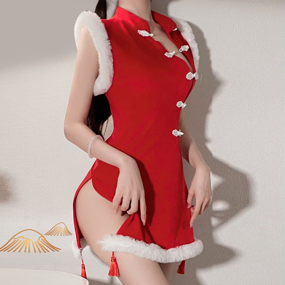 Chinese Lingerie Cheongsam Vintage Asian Qipao Red Lace Up Backless Dress