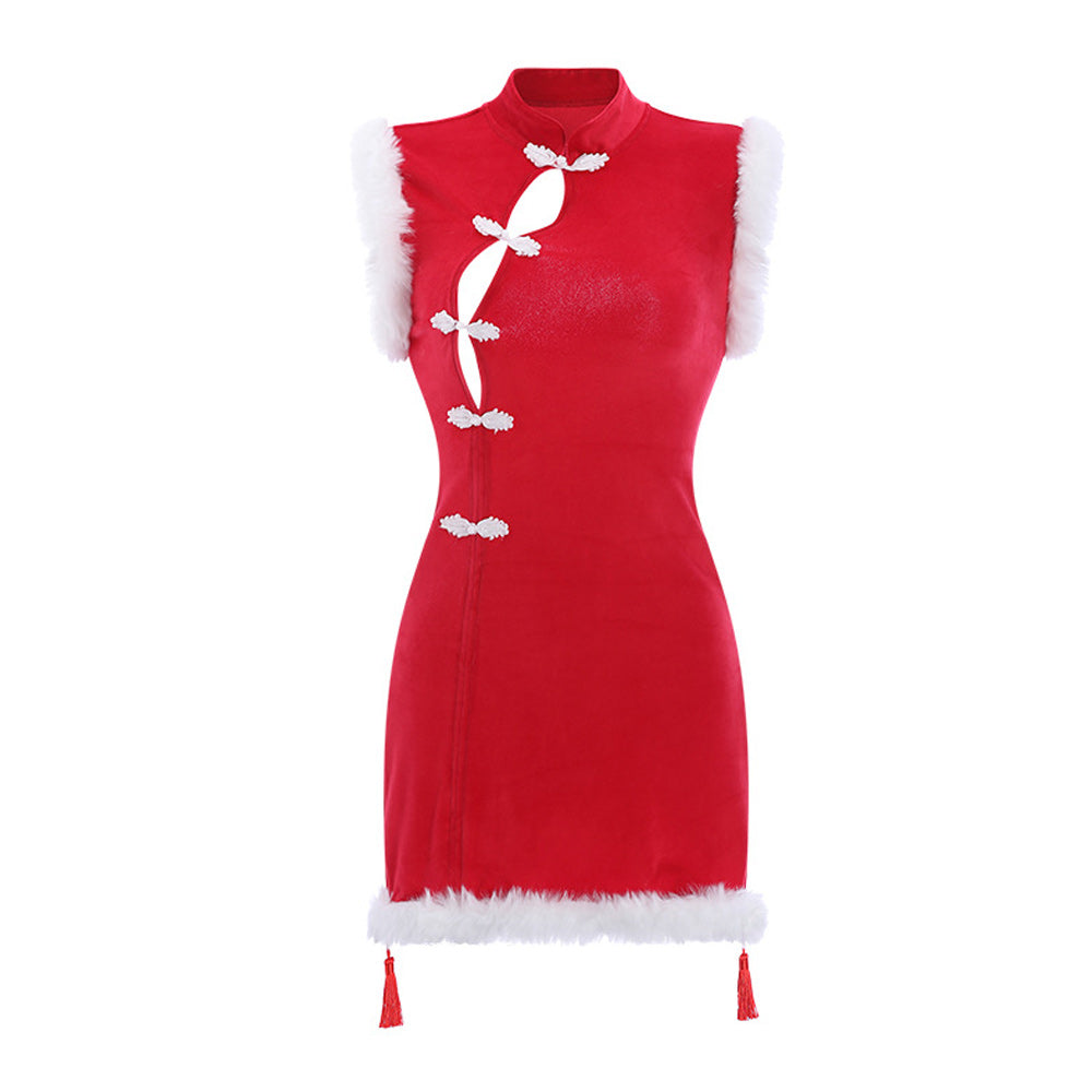 Chinese Lingerie Cheongsam Vintage Asian Qipao Red Lace Up Backless Dress