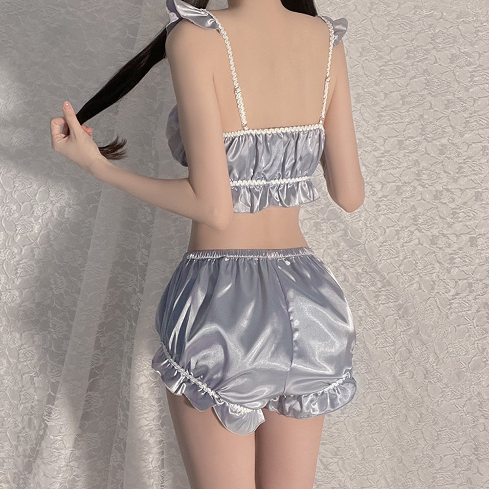 Relax Satin Pajama Set Ruffled Lace-Up Crop Top and Pumpkin Shorts