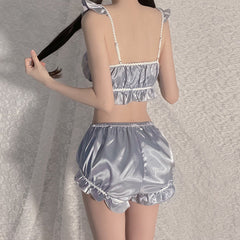 Relax Satin Pajama Set Ruffled Lace-Up Crop Top and Pumpkin Shorts