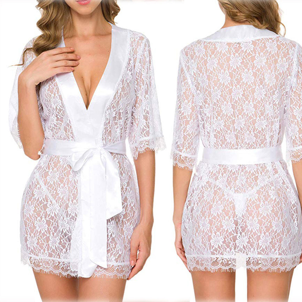 Women Lace Robe Sheer Mesh Babydoll Lingerie Kimono Nightgown
