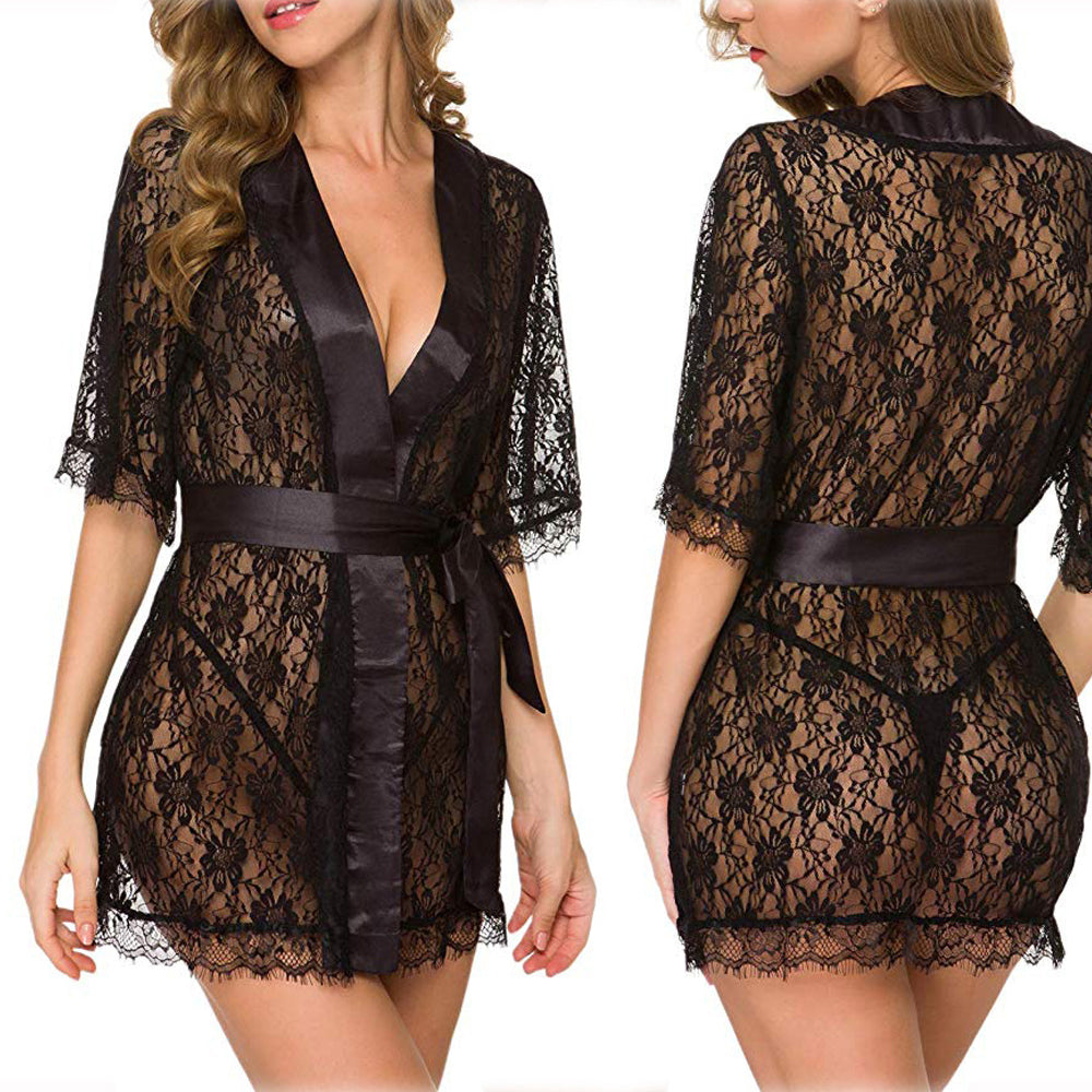 Women Lace Robe Sheer Mesh Babydoll Lingerie Kimono Nightgown