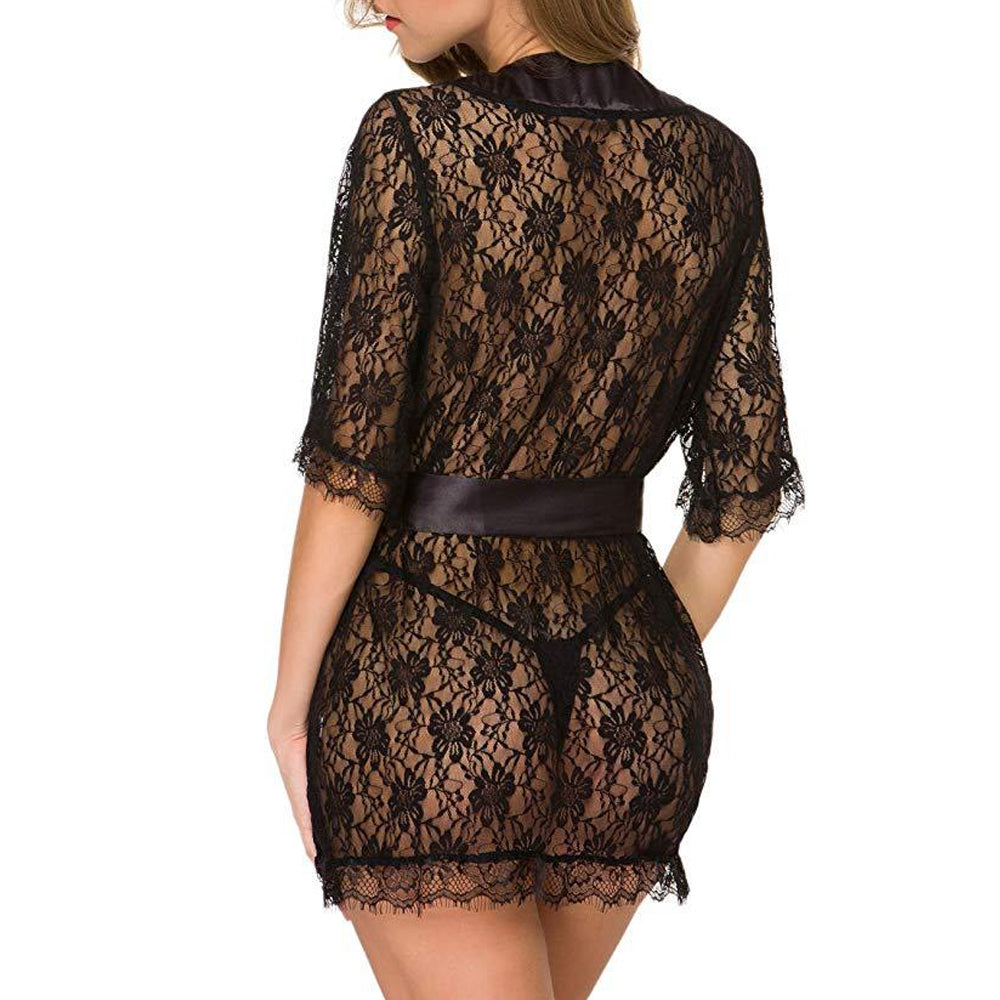 Women Lace Robe Sheer Mesh Babydoll Lingerie Kimono Nightgown