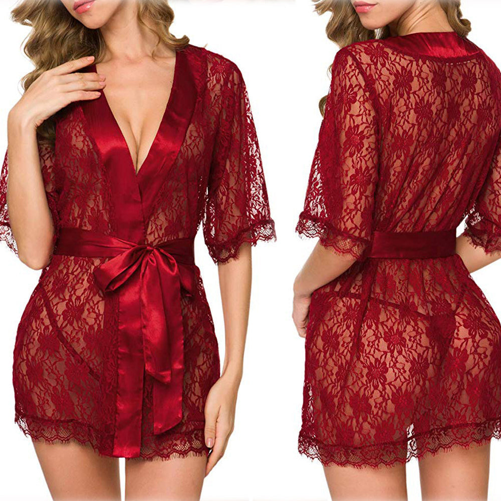 Women Lace Robe Sheer Mesh Babydoll Lingerie Kimono Nightgown