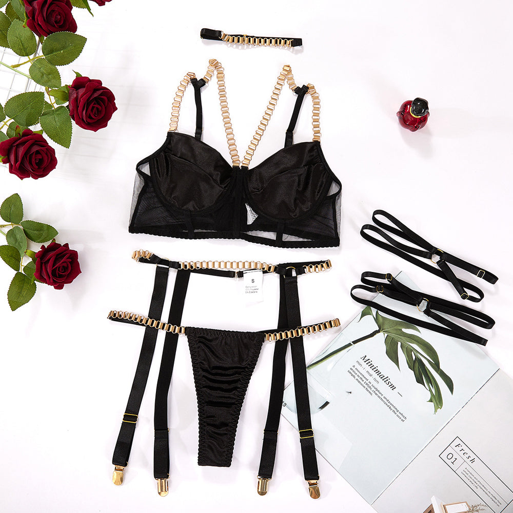 Women Lingerie Set with Garter Belts Satin Bra and Panty 3 Piece Chain Underwear