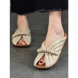 Women Summer Solid Leahter Weave Flat Slippers BN1013