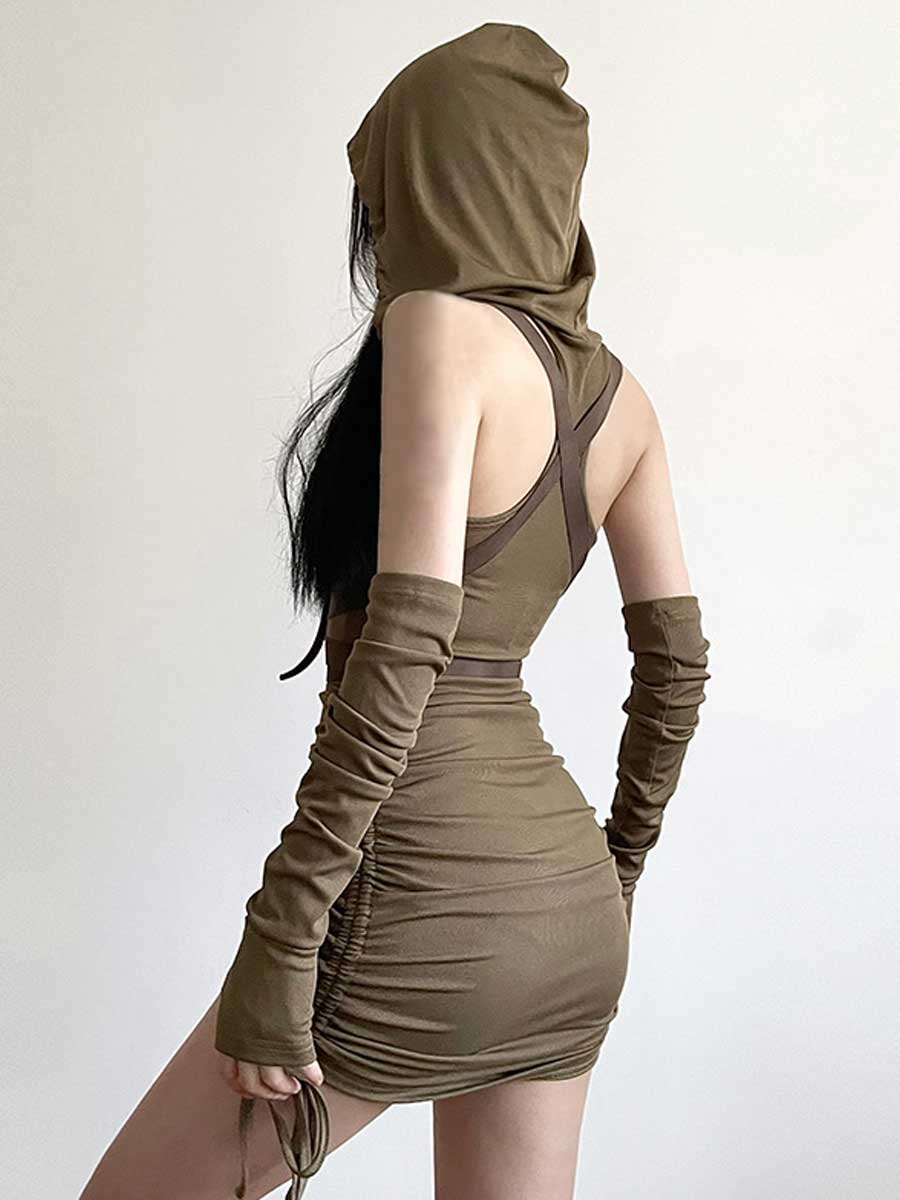 Drawstring Hooded Mini Dress with Arm Sleeves