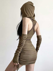 Drawstring Hooded Mini Dress with Arm Sleeves