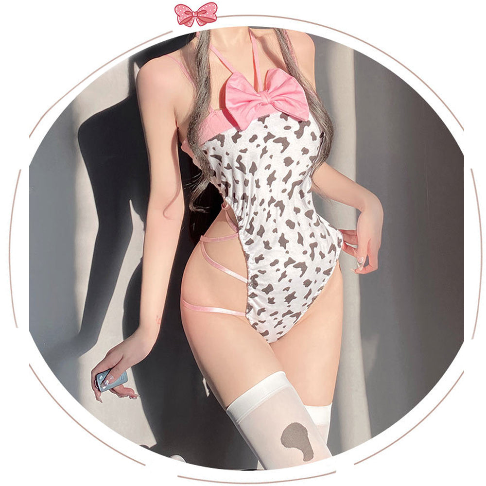 Anime Cow Costume Kawaii Cow Print Cosplay Outfit High Cut Onepiece Bodysuit