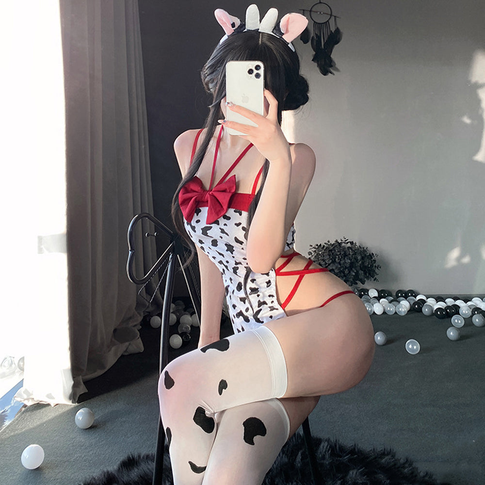 Anime Cow Costume Kawaii Cow Print Cosplay Outfit High Cut Onepiece Bodysuit