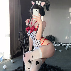 Anime Cow Costume Kawaii Cow Print Cosplay Outfit High Cut Onepiece Bodysuit