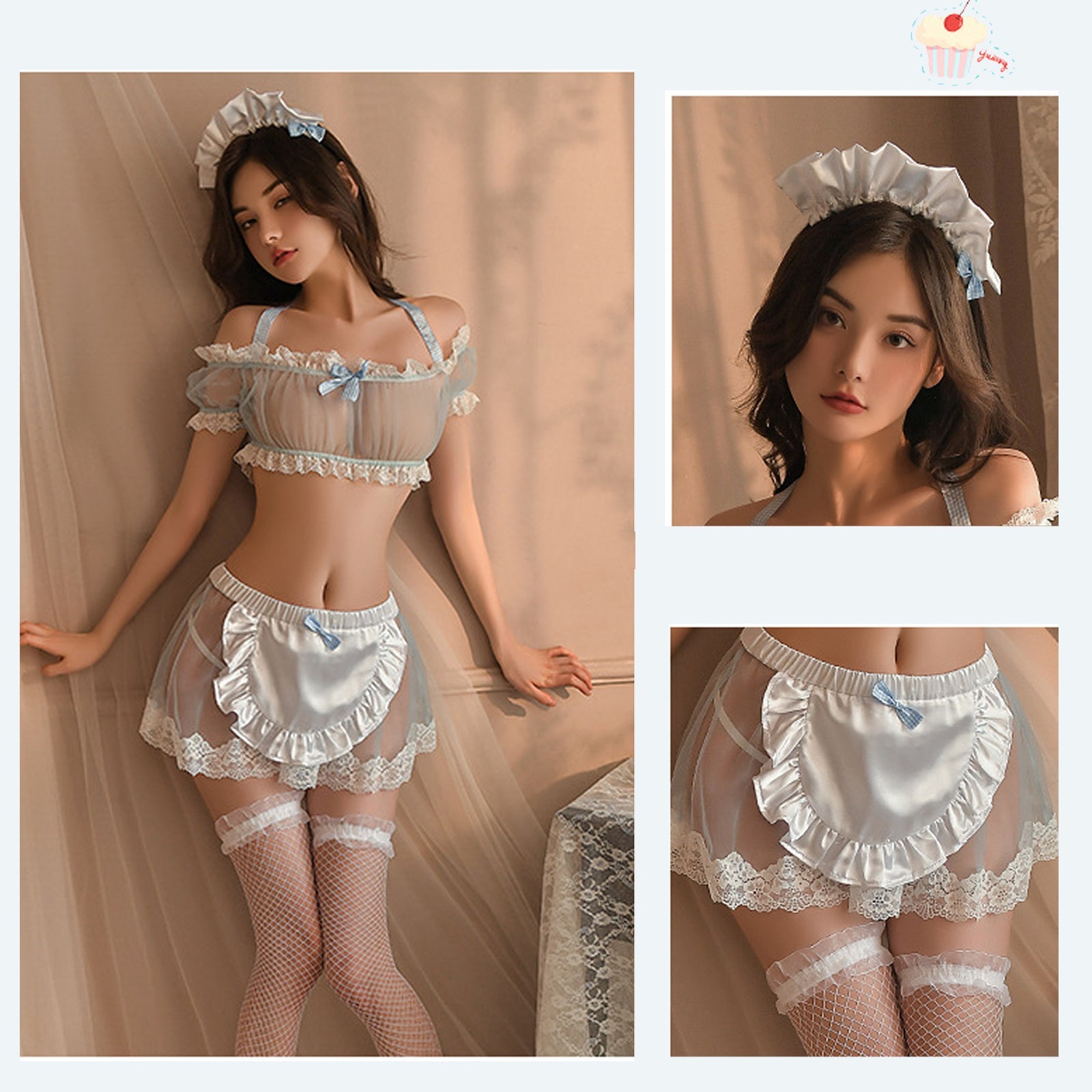 Maid Lingerie Set Sheer Exotic Maid Costume 3 Pieces Role Play Apron Set