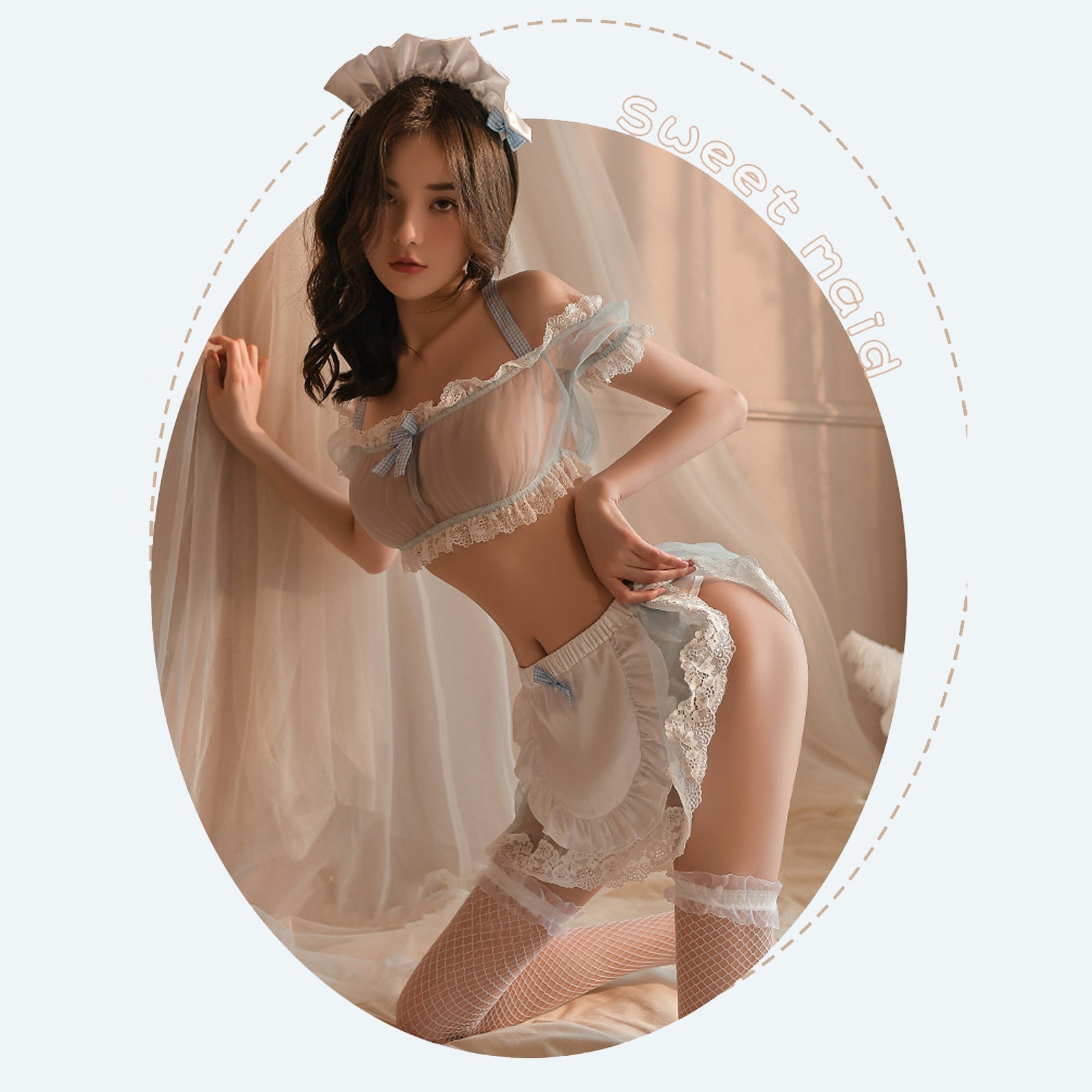 Maid Lingerie Set Sheer Exotic Maid Costume 3 Pieces Role Play Apron Set