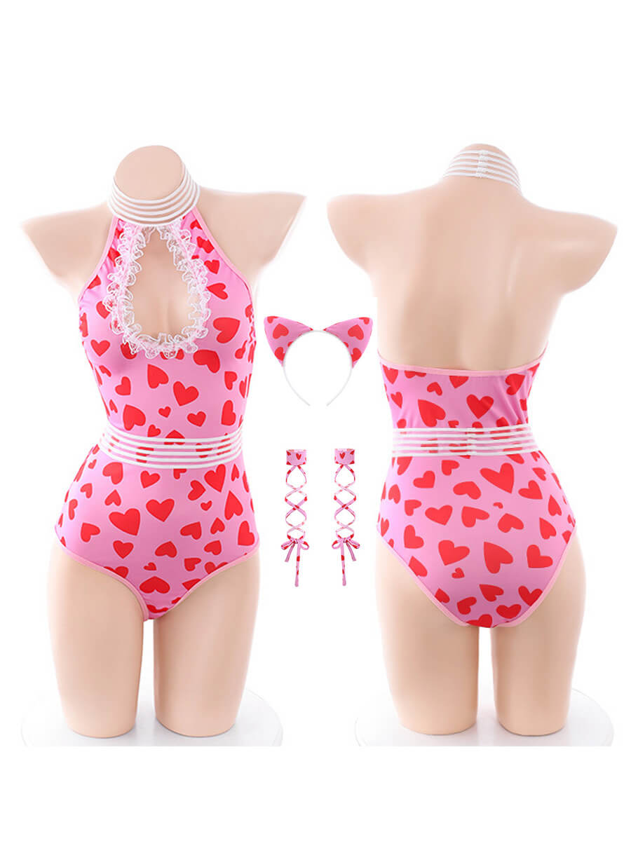 Anime Neko Cat Lingerie Set Cutout Kitten Cosplay Costume Halter Neck Heart Print Bodysuit