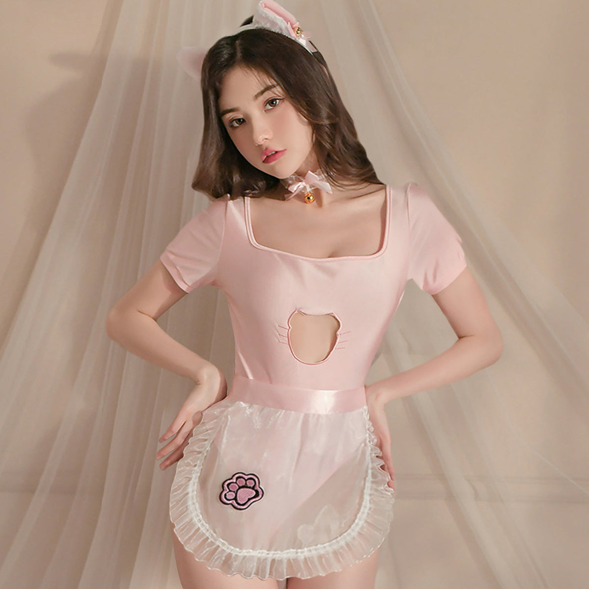 Anime Neko Maid Lingerie Set Kawaii Kitten Cat Cosplay Costume Pink Open Crotch Bodysuit