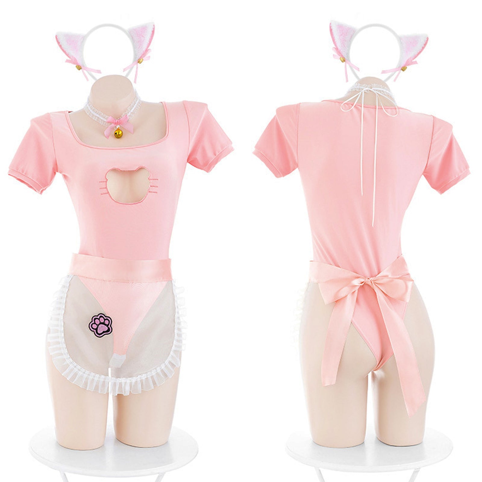 Anime Neko Maid Lingerie Set Kawaii Kitten Cat Cosplay Costume Pink Open Crotch Bodysuit