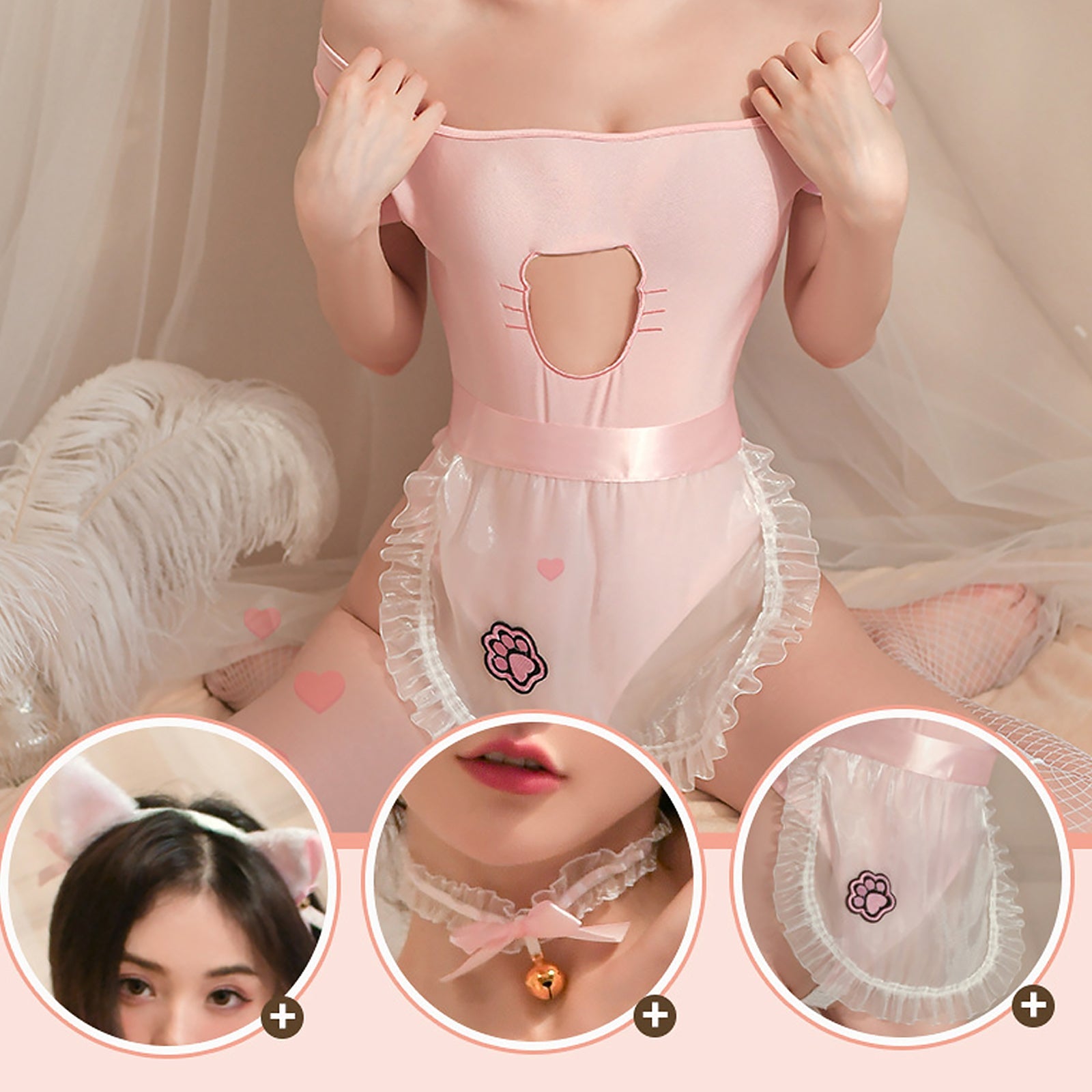 Anime Neko Maid Lingerie Set Kawaii Kitten Cat Cosplay Costume Pink Open Crotch Bodysuit