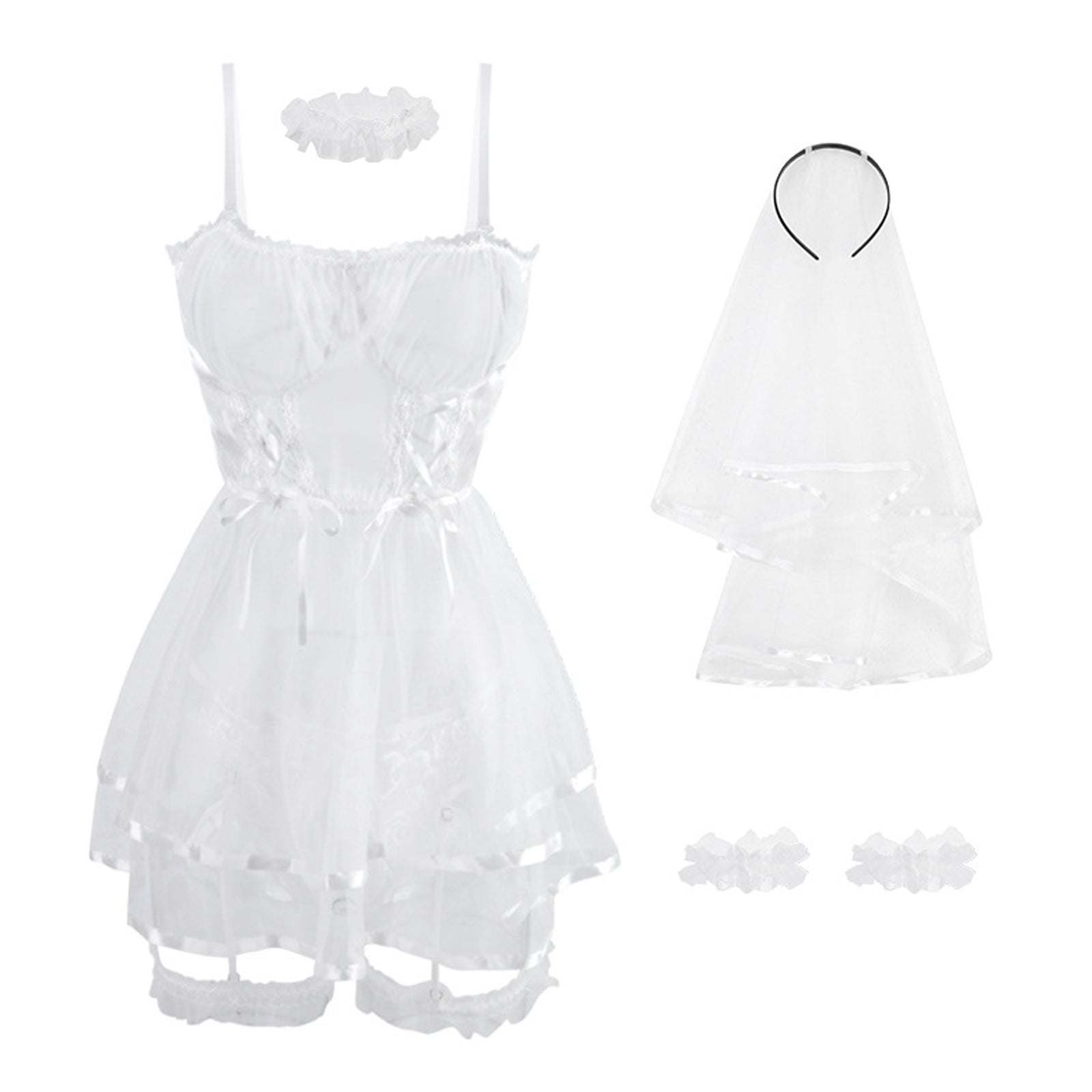 Bride Cosplay Costume White Bridal Lingerie Set Sheer Mesh Babydoll Dress