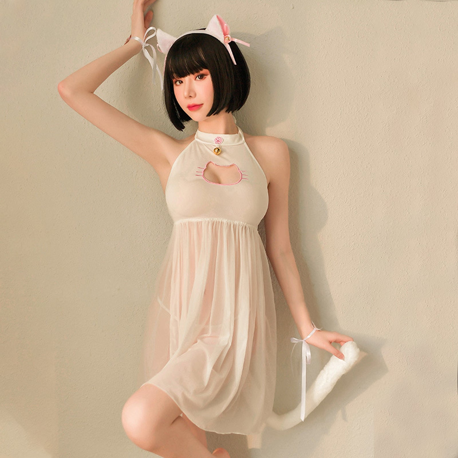 Cat Lingerie Set Japanese Animal Cosplay Costume Sheer Mesh Badydoll Dress