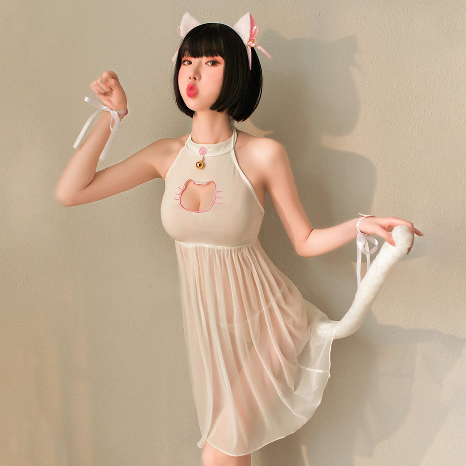 Cat Lingerie Set Japanese Animal Cosplay Costume Sheer Mesh Badydoll Dress