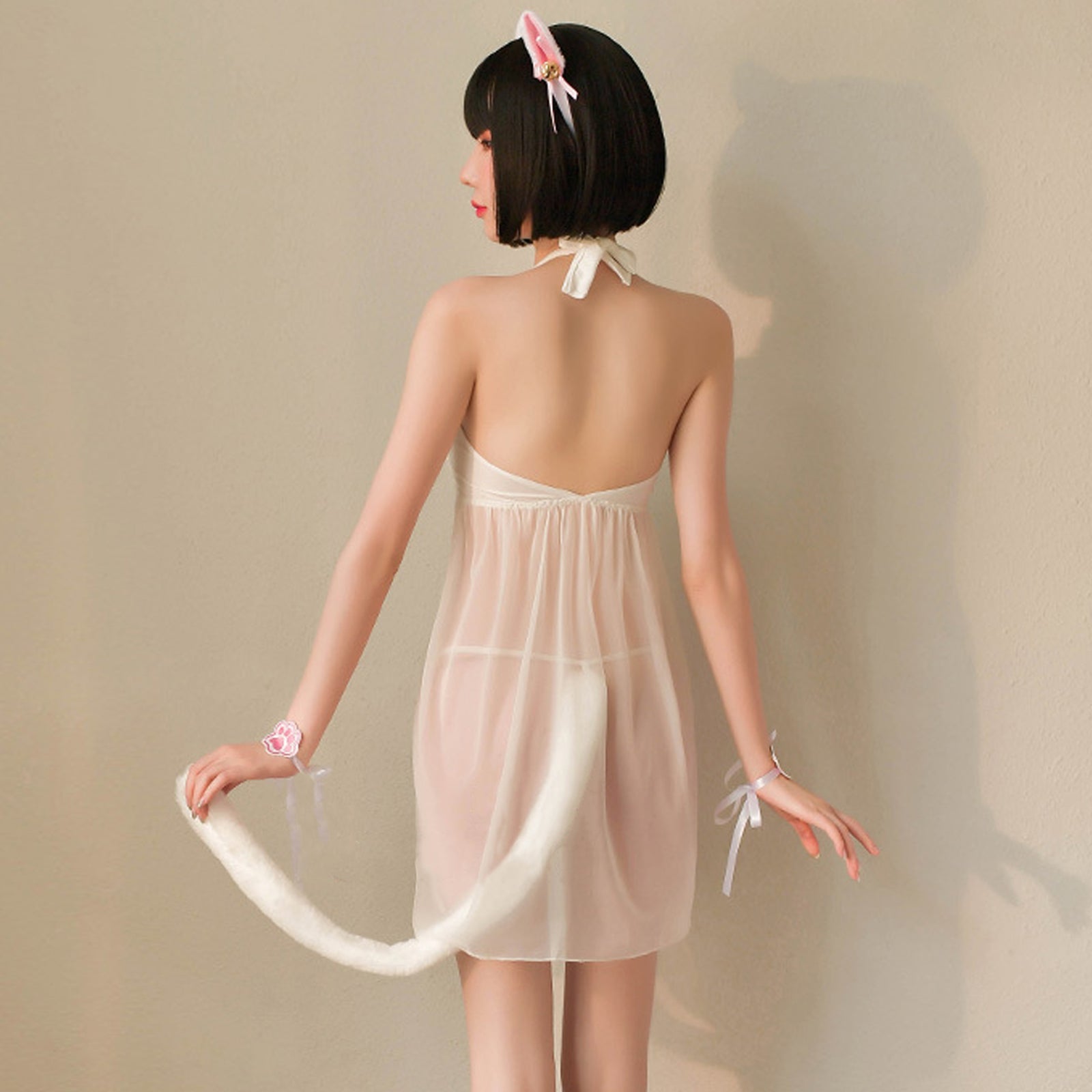 Cat Lingerie Set Japanese Animal Cosplay Costume Sheer Mesh Badydoll Dress