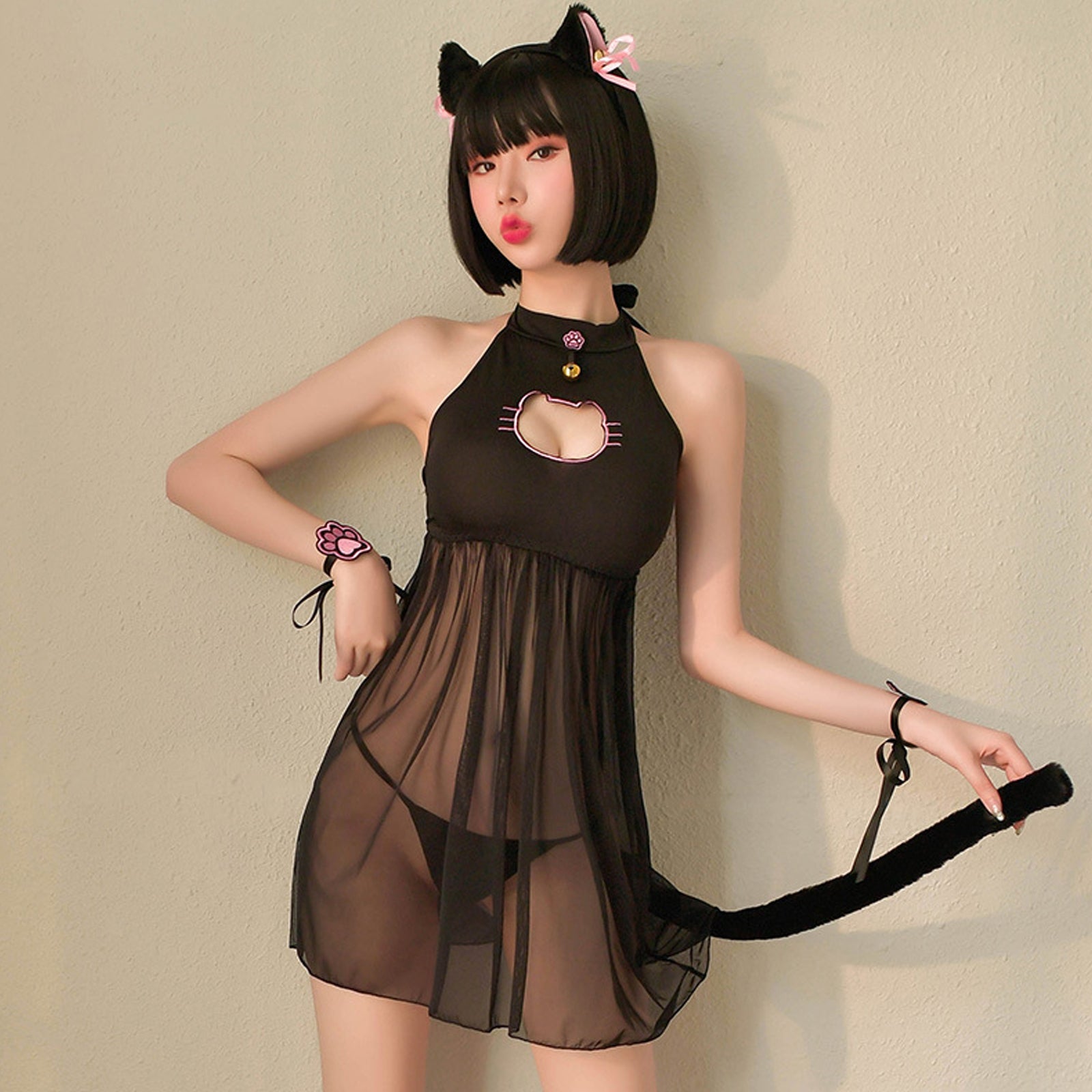 Cat Lingerie Set Japanese Animal Cosplay Costume Sheer Mesh Badydoll Dress