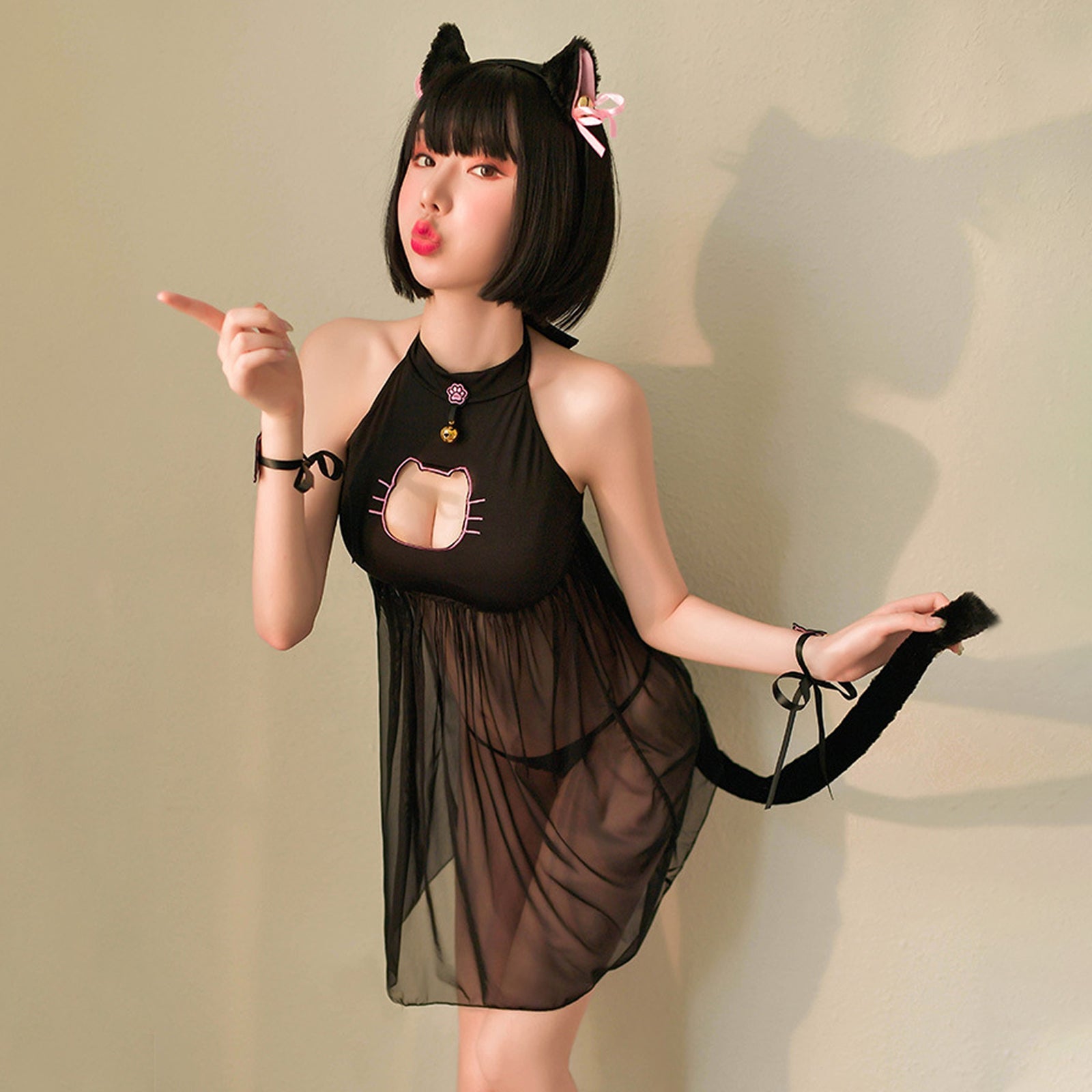 Cat Lingerie Set Japanese Animal Cosplay Costume Sheer Mesh Badydoll Dress