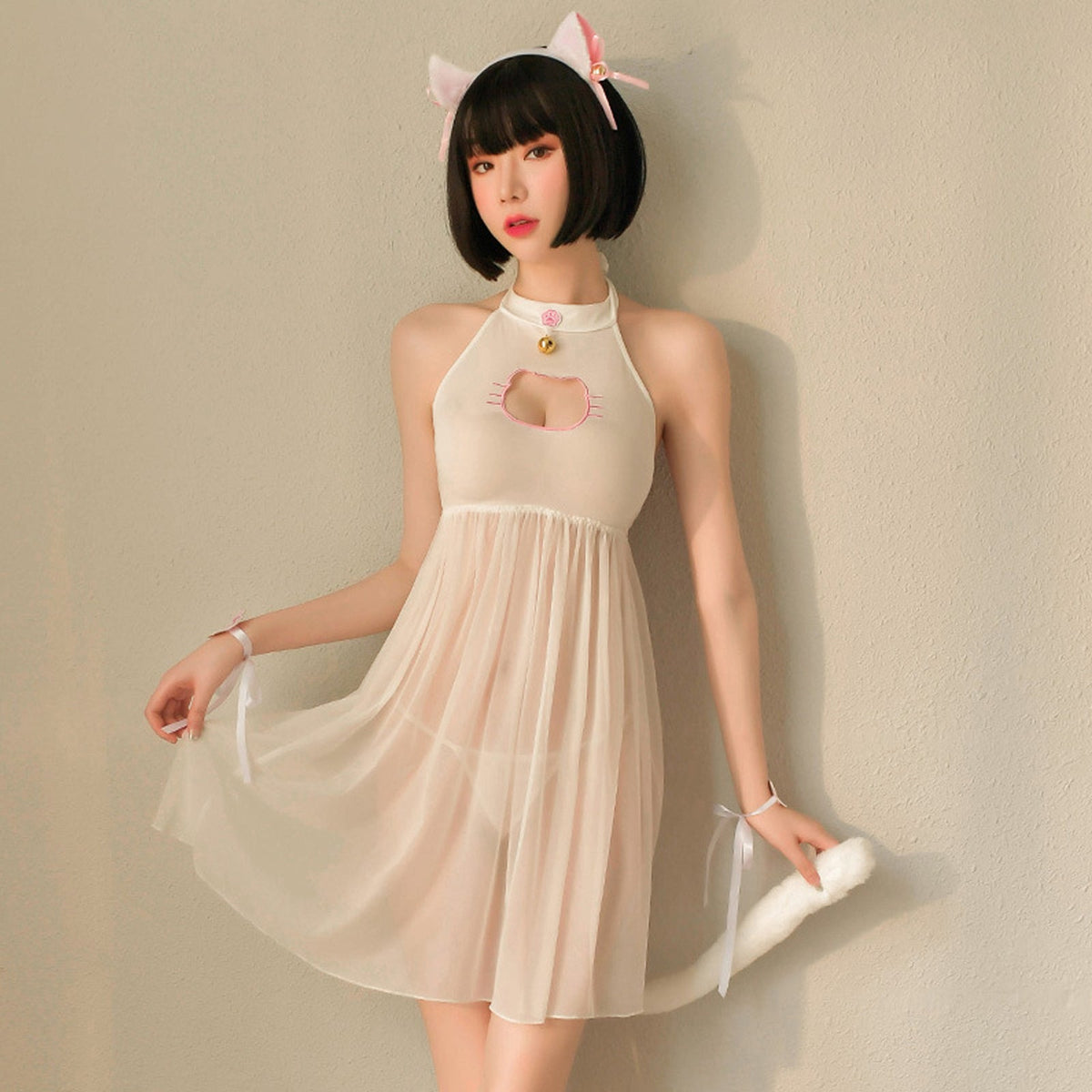 Cat Lingerie Set Japanese Animal Cosplay Costume Sheer Mesh Badydoll Dress