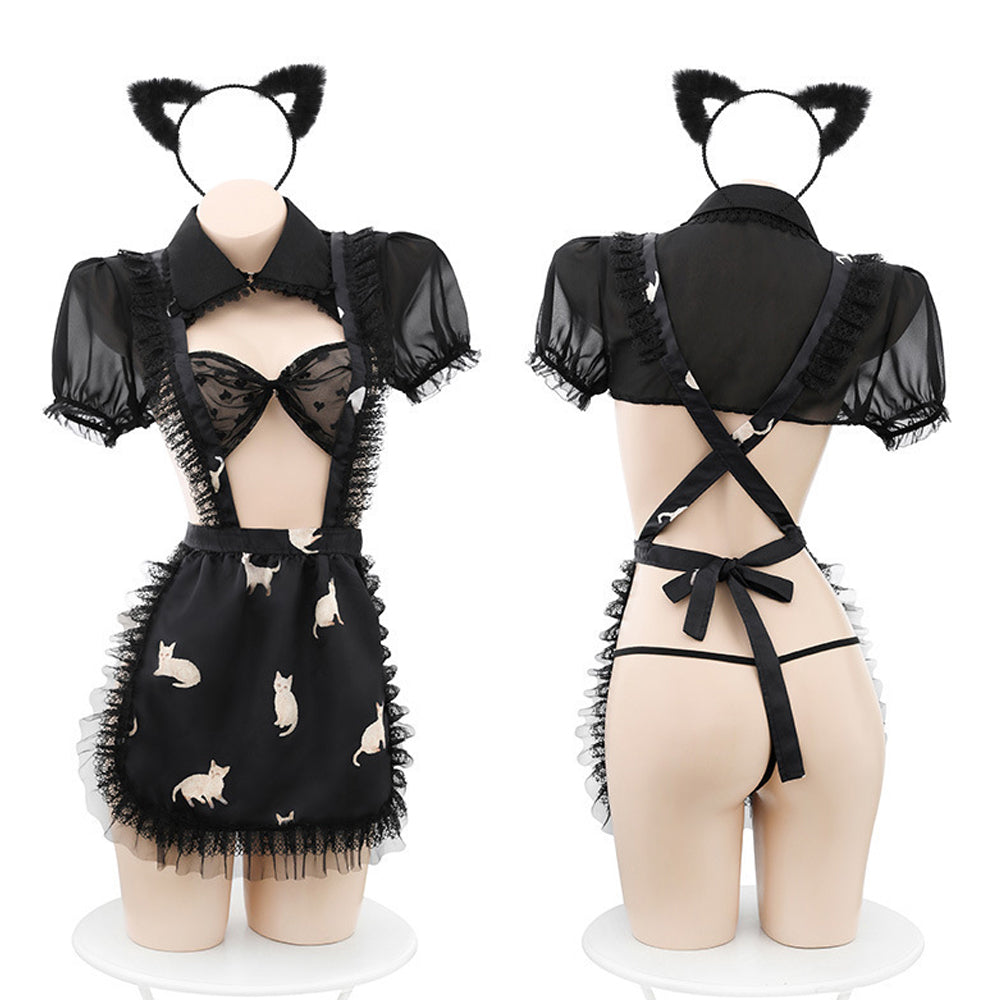 Cat Maid Outfit See Through Maid Cosplay Lingerie Short Sleeve Shrug Suspenders Apron Skirt