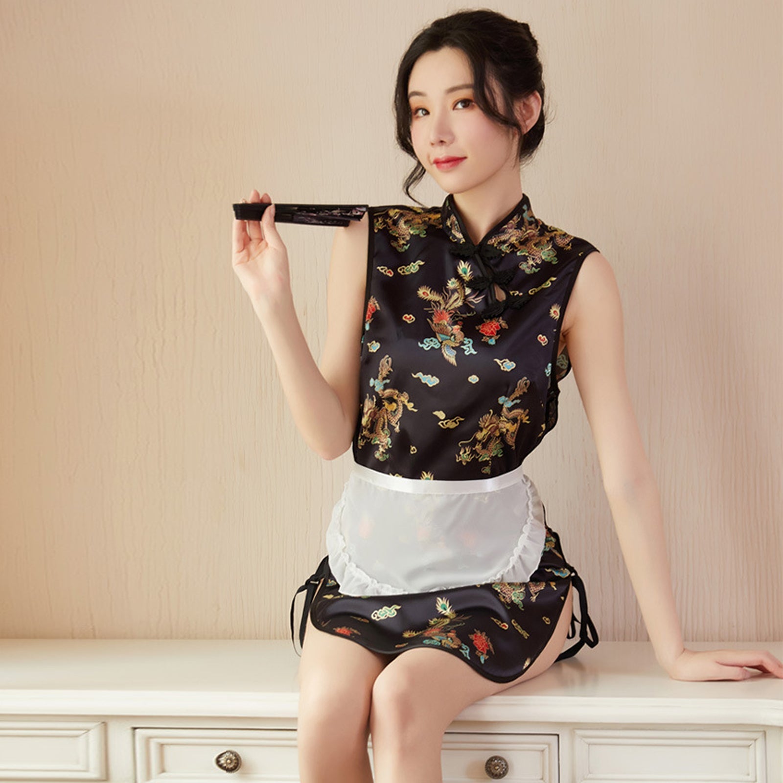 Maid Costume Exotic Maid Dress Chinese Split Dress with Maid Apron