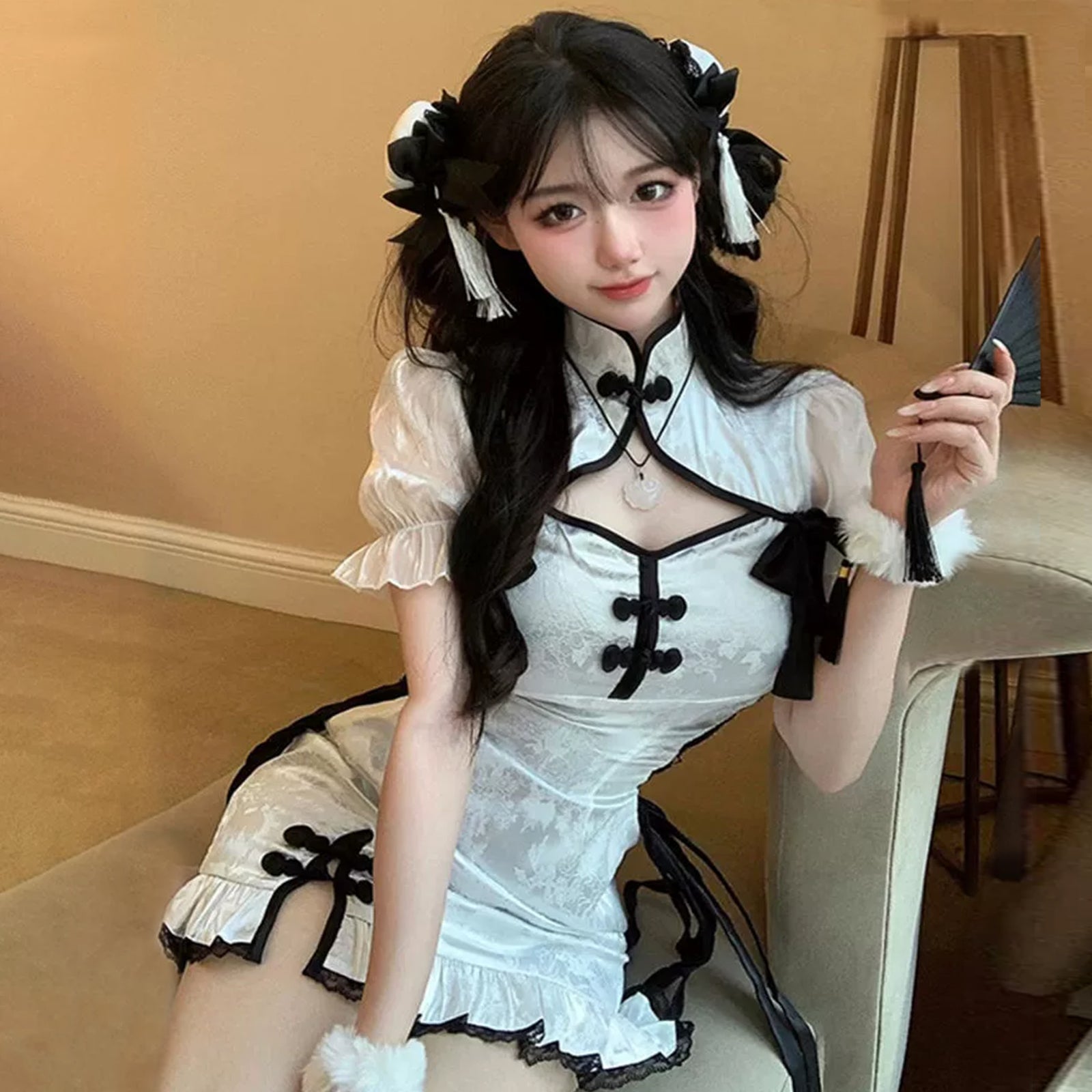 Chinese Cheongsam Babydoll Dress Side Lace-Up White Qipao Dress