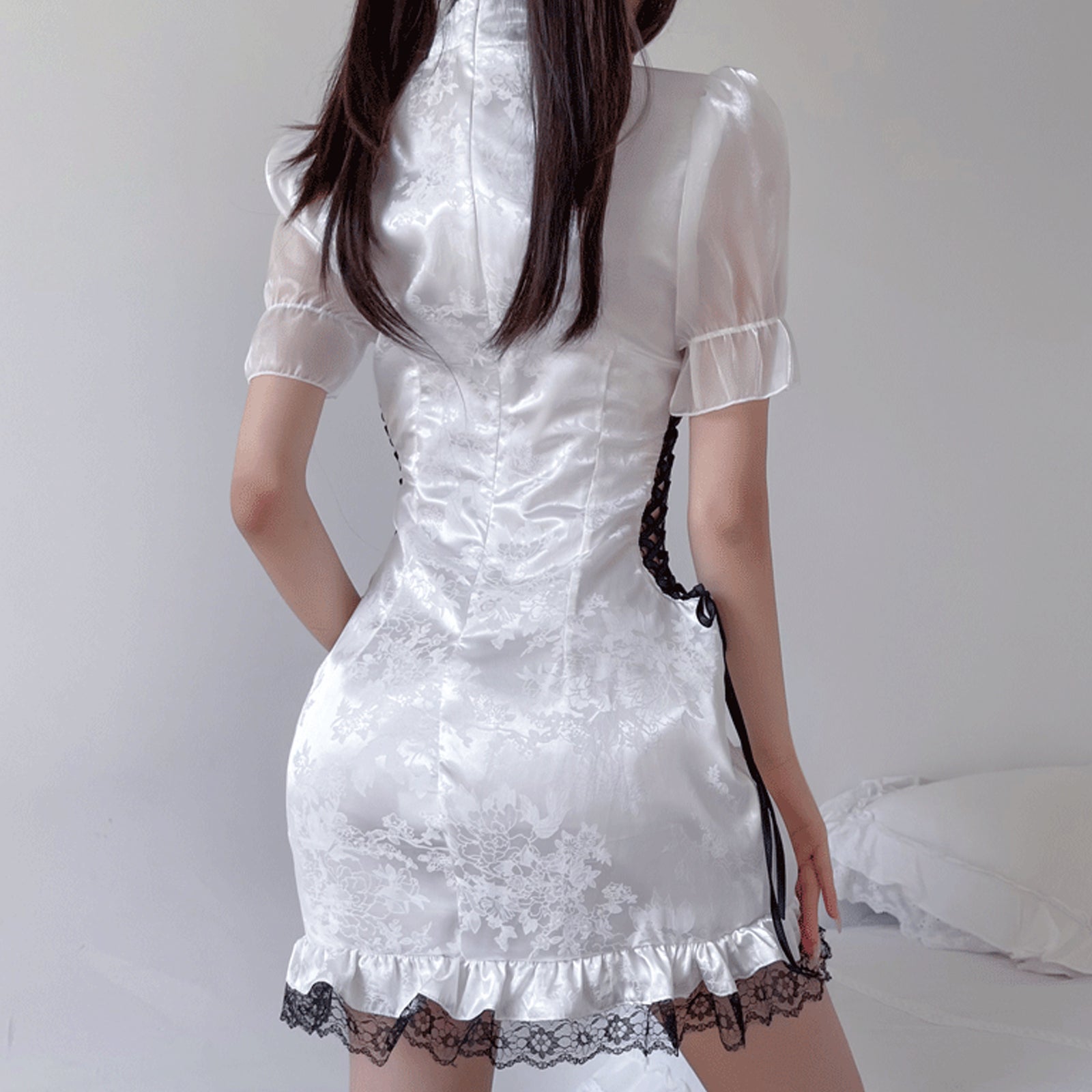 Chinese Cheongsam Babydoll Dress Side Lace-Up White Qipao Dress