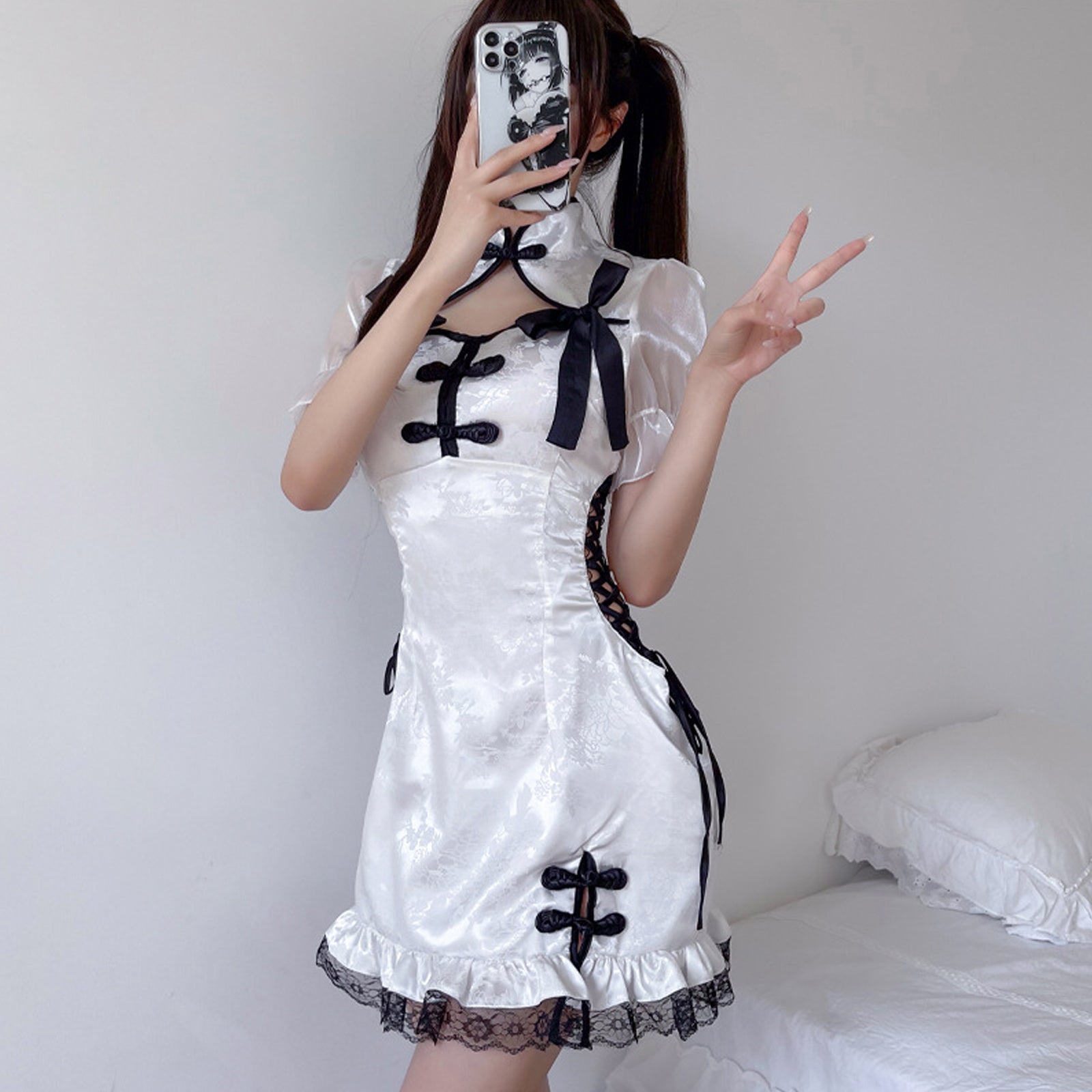Chinese Cheongsam Babydoll Dress Side Lace-Up White Qipao Dress
