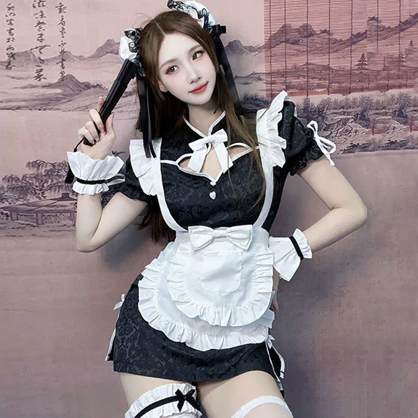 Chinese Maid Lingerie Set Anime Lolita High Slit Cheongsam Dress with Apron