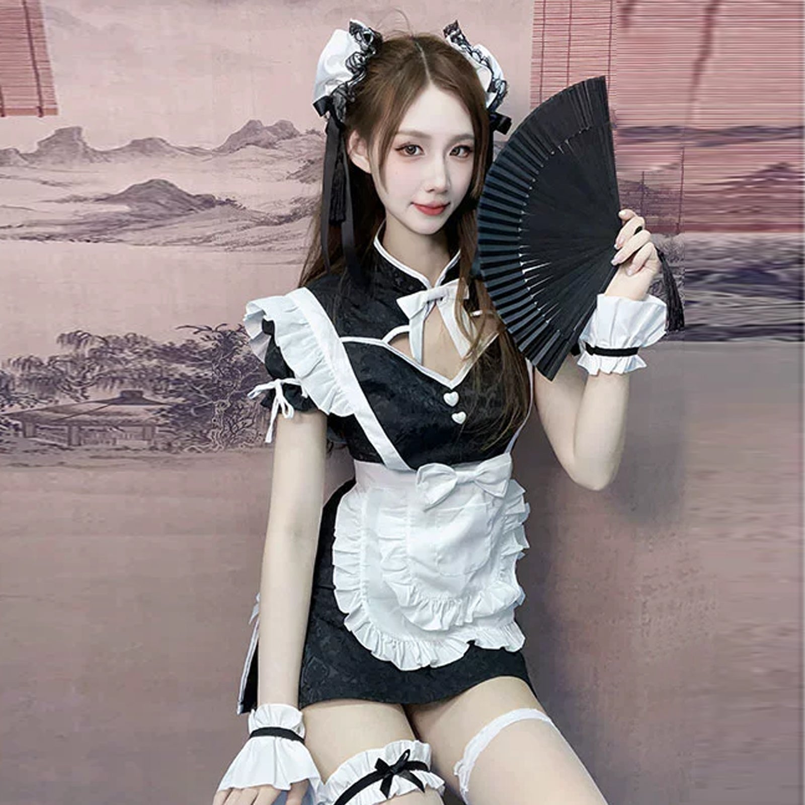 Chinese Maid Lingerie Set Anime Lolita High Slit Cheongsam Dress with Apron